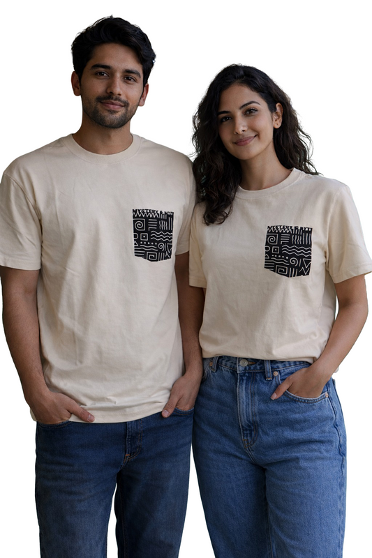 Mystery & Myth Beige Pocket HD Print 240 GSM Unisex Cream Color Oversize T-Shirt